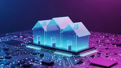 Futuristic glowing houses on a circuit board representing smart home technology