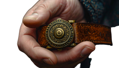 A close-up of a weathered, ornate leather wristband held in an open hand