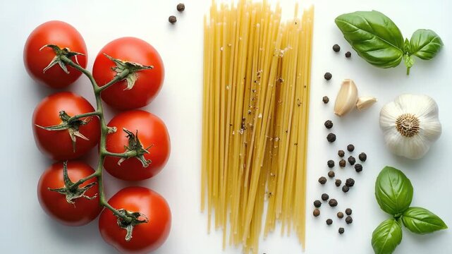 Fresh tomato pasta dish with garlic and basil on a white surface