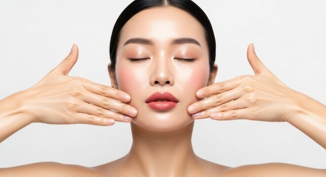  Serene Beauty Ritual: A captivating young woman with closed eyes delicately caresses her face, symbolizing the embodiment of inner peace and outer beauty. 