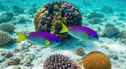 Obraz premium Underwater Symphony: Two vibrant, rainbow-colored fish swim gracefully amidst a coral reef, their movements adding a touch of wonder to this aquatic realm.
