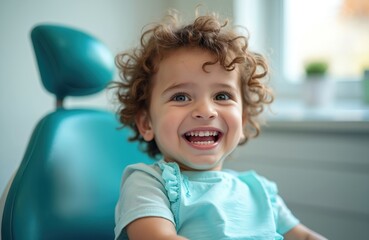 Happy baby boy sits in dental chair smiling showing healthy white teeth. Young patient at dentist office for regular oral hygiene check up. Little child feels safe and good during dental visit.