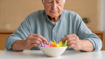 Old man making origami cranes at home.