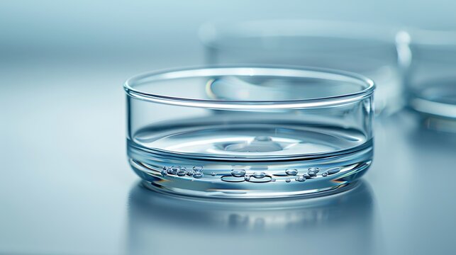 Petridish with clear liquid on sterile white background scienti high resolution detailed stock photo