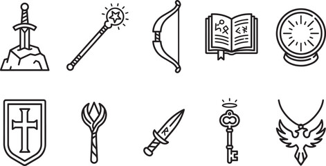 Obraz premium Fantasy sword and magic items with spell book, crystal ball and wizard staff vector illustration