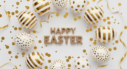 Golden Easter Egg Celebration: A festive assortment of gold-adorned eggs, intricately designed, are artfully arranged with elegant streamers and shimmering confetti to spell out Happy Easter.