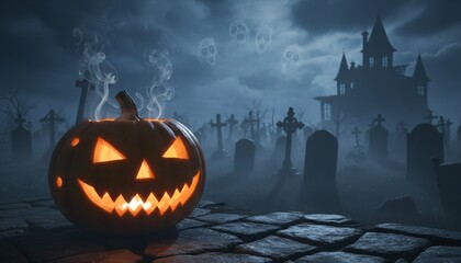 Spooky Jack o Lantern Halloween Pumpkin in Foggy Graveyard with Haunted House Silhouette