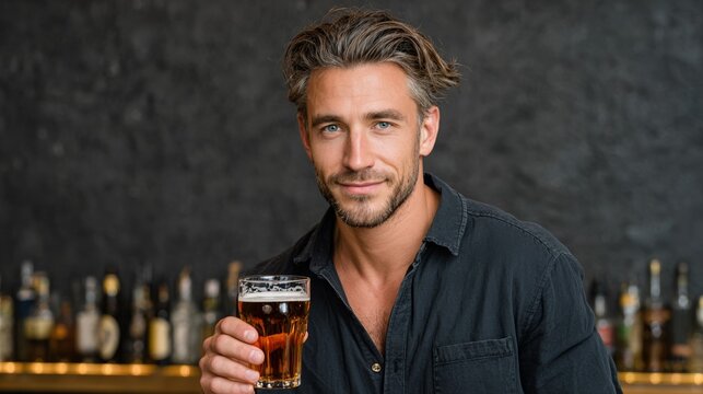 Young man with stylish hair, holding a glass of beer, smiling confidently at a bar with a blurred background of various bottles, showcasing a relaxed social atmosphere - Powered by Adobe