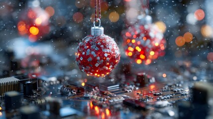 Futuristic holiday ornaments suspended over an illuminated circuit board featuring glowing tech lines and shimmering light effects