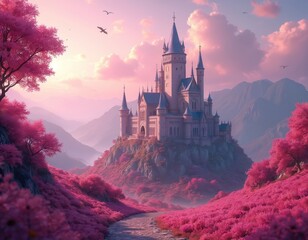 Fototapeta premium Majestic fantasy castle with tall towers sits on high hill. Vibrant pink landscape with rolling hills, flowers, trees, distant mountains stretches far. Dreamy sky with clouds, flying birds creates