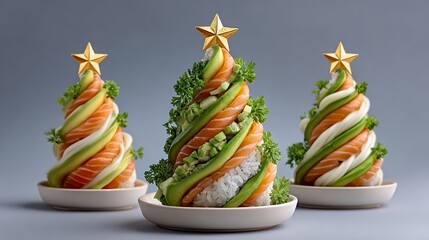 Creative sushi Christmas tree arrangement featuring layers of salmon, avocado, and vegetables, topped with a golden star, showcasing festive culinary artistry and holiday spirit