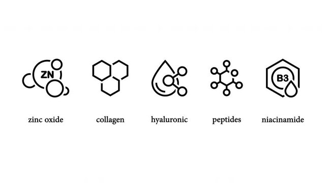 Animated vector icons for skincare: Zinc Oxide, Collagen, Hyaluronic Acid, Peptides, and Niacinamide. Clean, modern, and smooth motion ideal for cosmetics, beauty apps, and digital projects.
