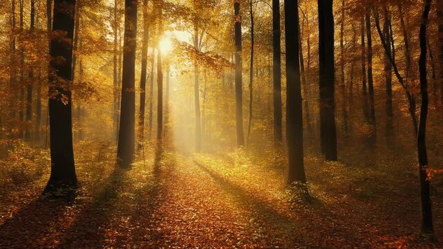 Autumn forest path bathed in golden sunlight with falling leaves during the fall season
