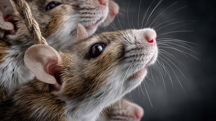 Close-up view of multiple small rodents with soft fur and prominent whiskers, showcasing their curious expressions against a dark, textured background, highlighting their playful nature and intricate