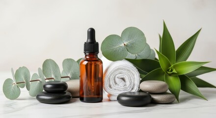 Spa Day Essentials: A serene composition showcases spa essentials including aromatherapy oil, hot stones, eucalyptus, and a soft towel, evoking tranquility and wellness.