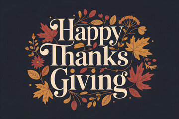 Happy thanksgiving typography with autumn leaves and floral wreath