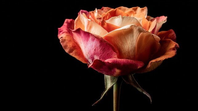 Close-up of a blooming rose with petals of orange, pink, and white against a black backdrop - Powered by Adobe