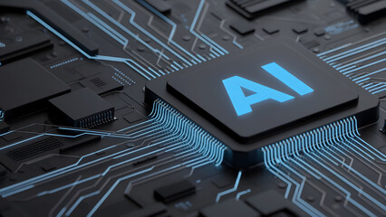 AI technology processor on cyber motherboard representing digital intelligence futuristic computing and innovation