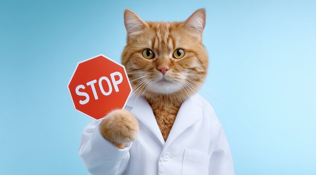 Cat Scientist Holding Stop Sign Illustration