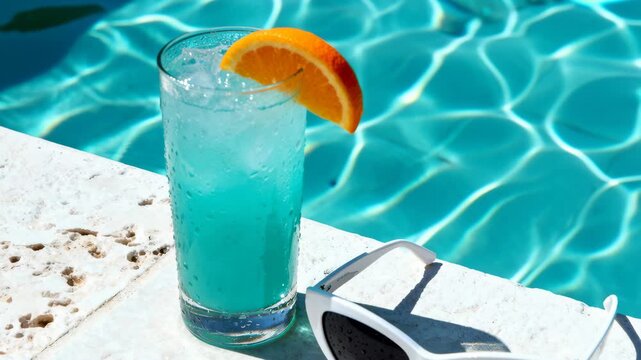 Turquoise cocktail glass sits on textured poolside coping beside white sunglasses and an orange slice, sunlit rippled water forms calm backdrop with available space for text near the pool edge