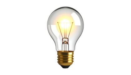 Isolated, lit incandescent bulb against black, golden base and glowing filament