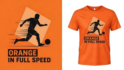 Dynamic orange soccer player design illustration showing athlete kicking ball at high velocity