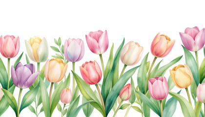 Obraz premium Springtime Floral Harmony: A vibrant and colorful array of tulips in full bloom. It radiates the joy and freshness of spring, with delicate petals in various pastel shades against a backdrop of green.