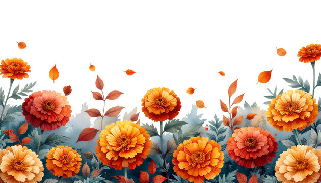 Marigold Floral Frame: A stunning illustration of marigold flowers and autumn foliage create a vibrant border, evoking warmth and natural beauty. 