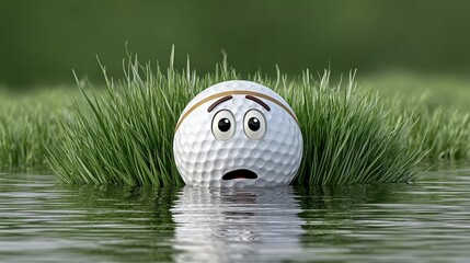 Cartoonish golf ball with a surprised expression, partially submerged in water, surrounded by lush green grass, creating a humorous and playful scene of a golfing mishap