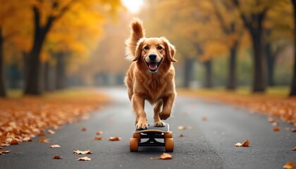 Happy golden retriever dog rides skateboard in autumn park on road covered with orange leaves. Dog enjoys skateboarding. Cute puppy has fun in fall nature landscape. Animal trick.