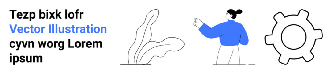 Creative design, business concepts, teamwork, workflow, engineering, innovation. Minimalist ion of a person pointing, a leaf shape and a gear outline. Teamwork and business concepts