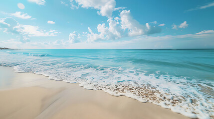 Turquoise ocean waves gently lap onto a light tan sandy beach under a bright blue sky with white clouds