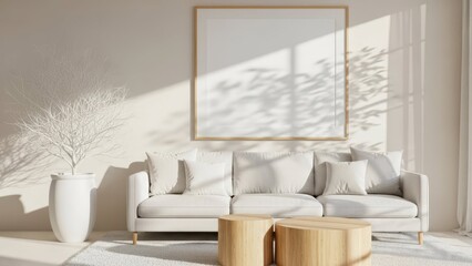 Serene Living Room: A minimalist interior exudes tranquility, featuring a plush sofa, natural wood furniture, and a blank canvas, illuminated by soft sunlight and shadows.