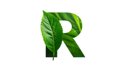 A large letter "R" with leafy texture, featuring a real leaf overlay, on black