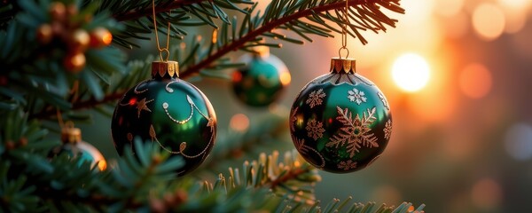 Festive ornament display christmas tree close up photography warm glow holiday spirit