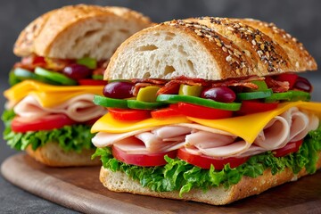 Two fresh deli sandwiches with turkey cheese and vegetables