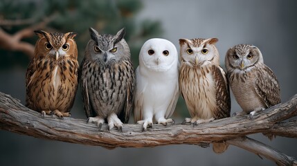 Group of five diverse owls perched on a rustic branch, showcasing unique plumage and expressions, highlighting the beauty of avian wildlife in a serene natural setting