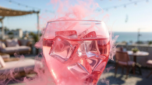 Close Up of Pink Refreshing Summer Cocktail with Ice and Smoke on Rooftop Terrace