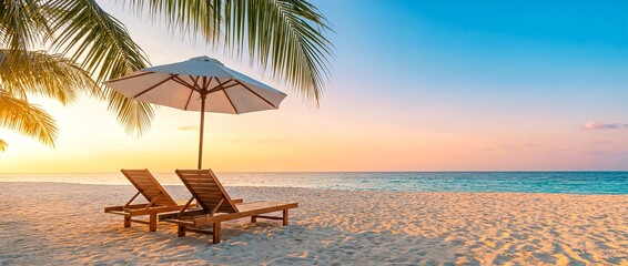 Tropical beach paradise with two lounge chairs and umbrella under palm trees at sunset.