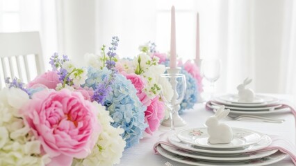 Elegant Floral Table Setting: A beautifully arranged tablescape featuring an array of vibrant flowers, delicate candles, and charming place settings. Evoking feelings of warmth, spring.