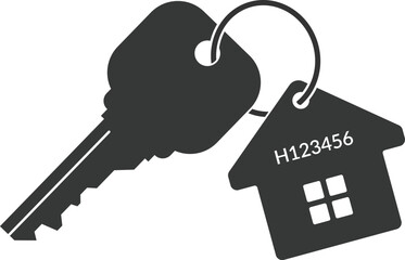 Flat black key with keychain on a ring icon. Clean minimal estate key symbol isolated on a transparent background. Perfect vector for real estate, home access, security, and app UI designs.