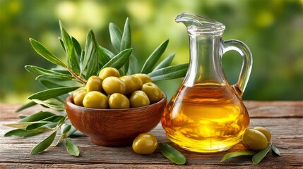 Olives and olive oil jug on rustic wood promoting healthy eating