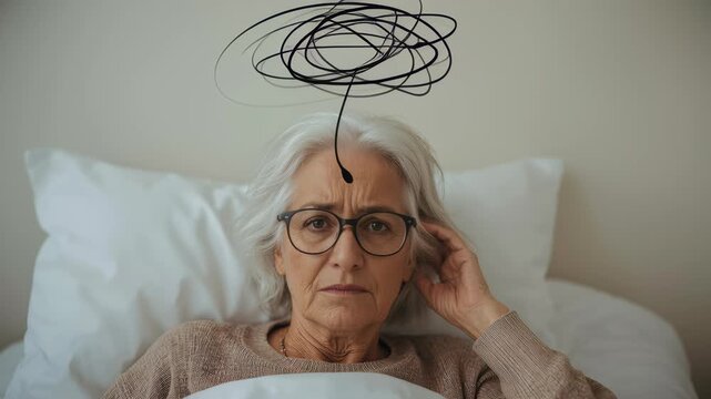 Elderly woman lies in bed appearing worried and contemplative with hand to her head and a scribbled thought illustration above her. Neutral wall provides empty space for text and layout beside the sub