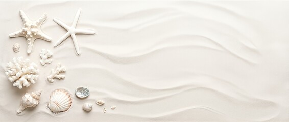 White starfish and seashells on sandy beach background with copy space.
