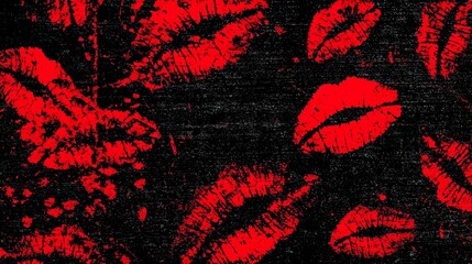 Black background adorned with scattered red lipstick kiss imprints, creating a textured pattern