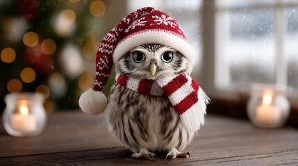 Obraz premium Adorable owl wearing festive red and white hat and scarf, perched on wooden table, surrounded by soft candlelight and holiday decorations, capturing the spirit of winter celebration