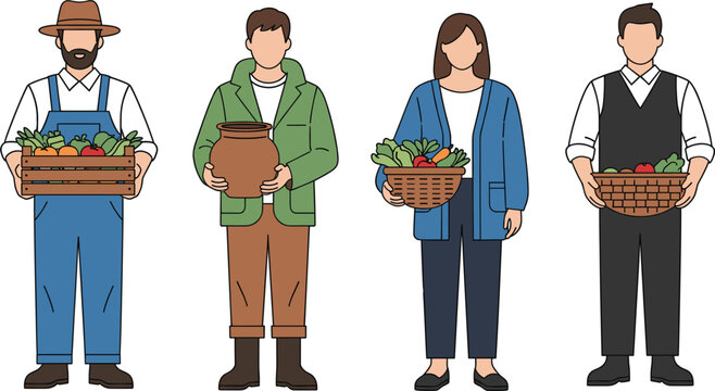 Group of diverse farmers and agricultural workers holding fresh harvested vegetables and produce, representing organic food and local farming economy.