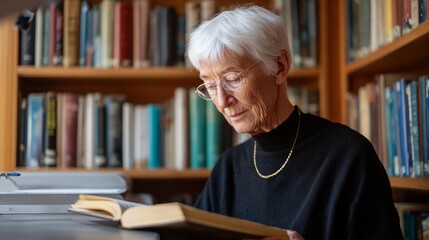 Old woman reading book in library.