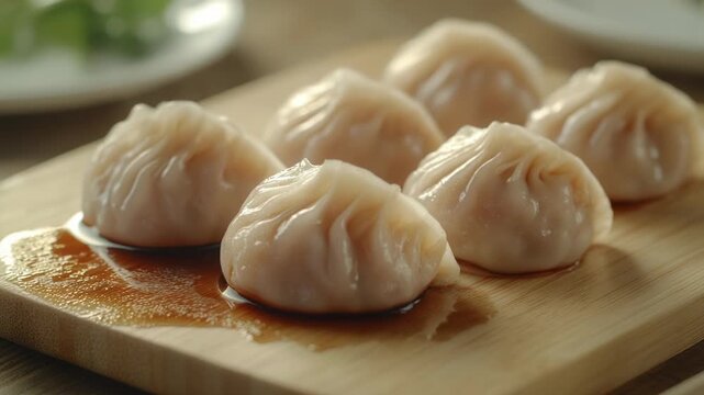 A wooden cutting board with a delicious meal of dumplings covered in savory sauce, perfect for a cozy dinner