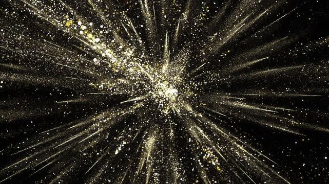 Festive Gold Sparkle Burst for New Year & Christmas Celebration. luxurious gold glitter explosion on black background, creating a festive celebration mood, parties, greetings, and elegant holiday.
